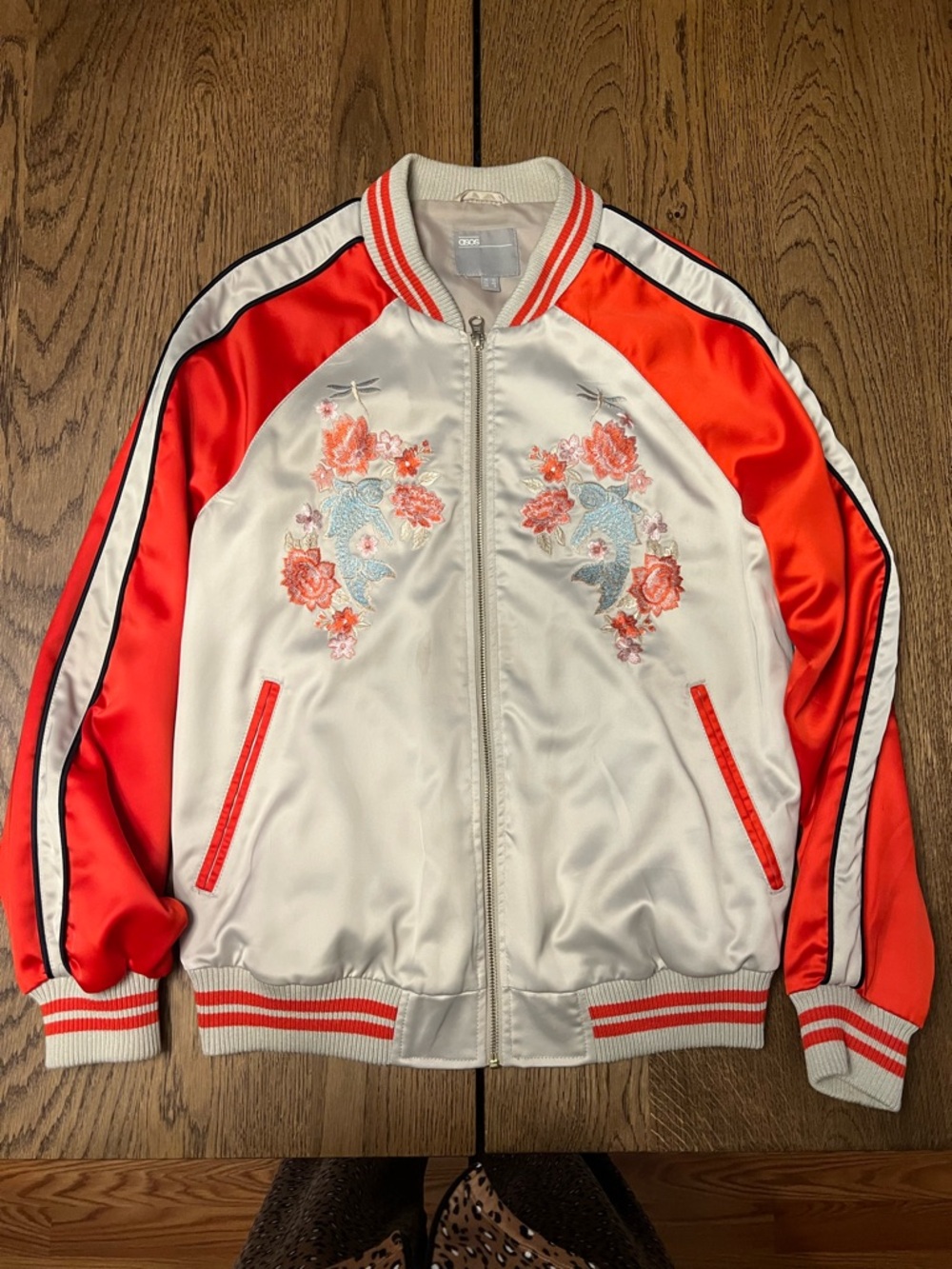 ASOS Red/beige embroidered w/ striped knit Satin Bomber